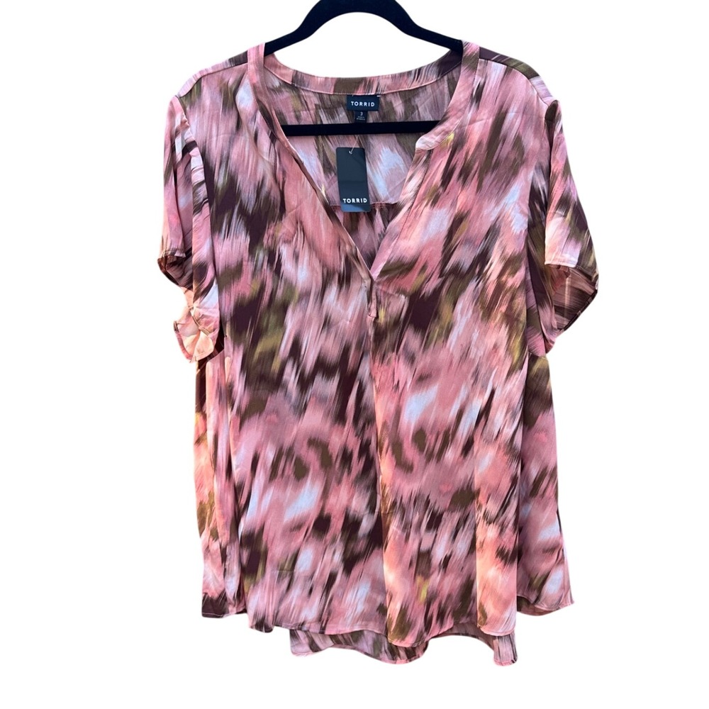 Torrid Pink Brown Abstract Ikat Georgette Split Neck Blouse Top Plus Size 3 3X